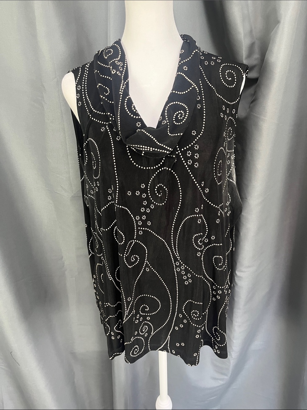 Black Cowl Neck Sleeveless Blouse  with White Swirl Print
